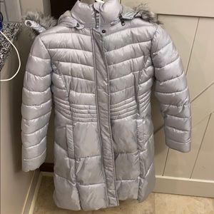 Silver long trench coat with removable fur hood